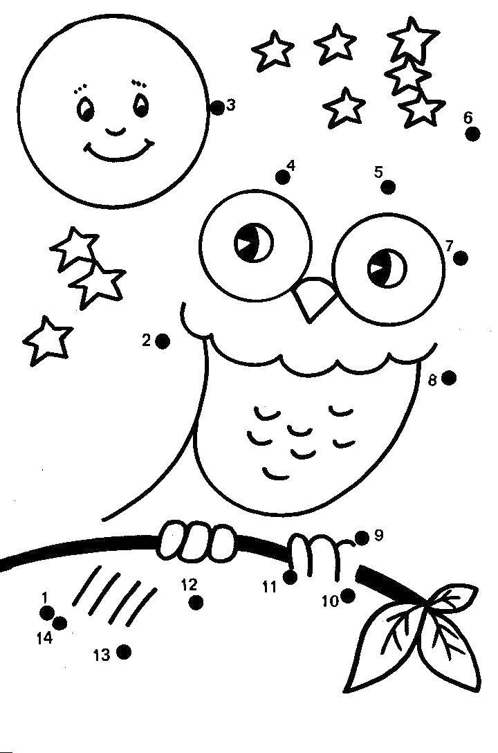 Название: Раскраска Нарисуй по цифрам совушку. Категория: Нарисуй по точкам. Теги: Образец, цифры.