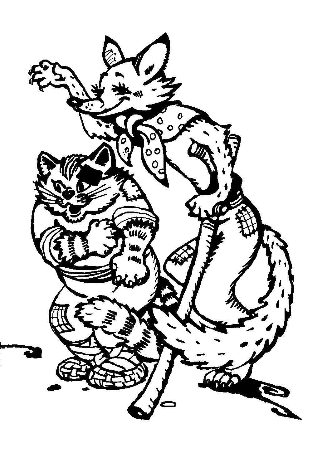 Раскраска Котик и лиса Скачать ,кот и хитрая лиса,.  Распечатать 