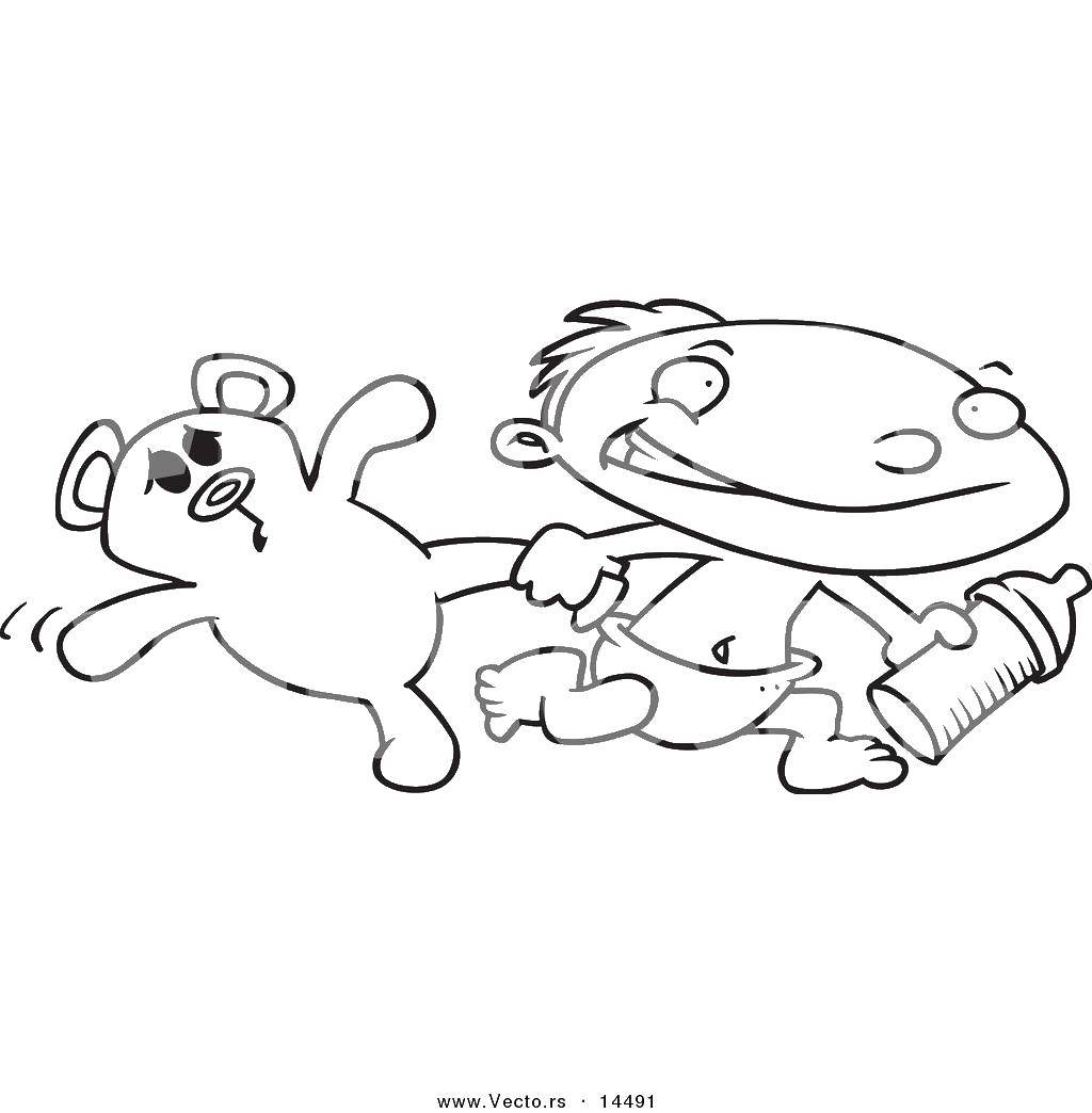Название: Раскраска Ребенок играющий с мишкой. Категория: дети. Теги: бегущий ребенок, игрушечный мишка.