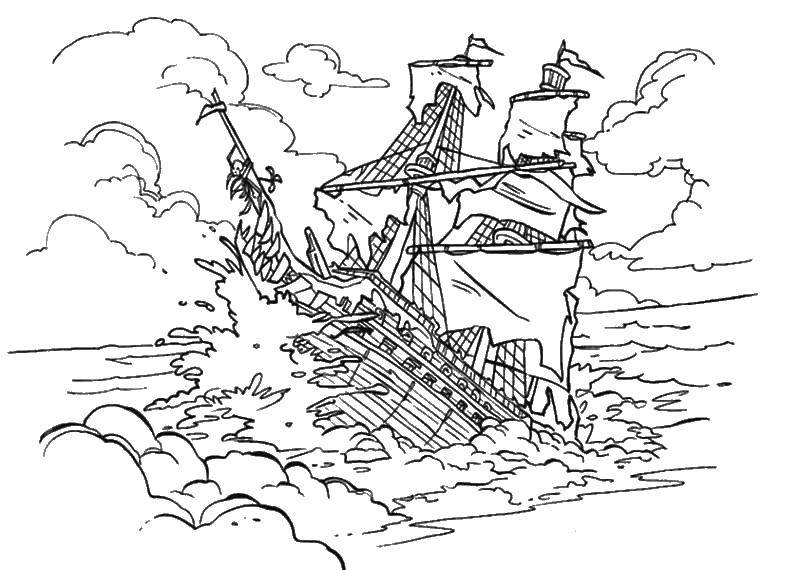 Раскраска Корабль тонет Скачать ,корабль, море,.  Распечатать 