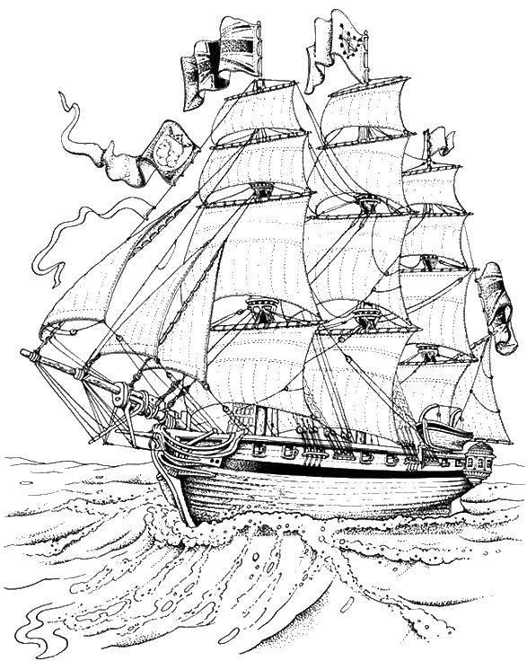 Раскраска Огромный корабль в море Скачать ,пираты, корабль, море,.  Распечатать 