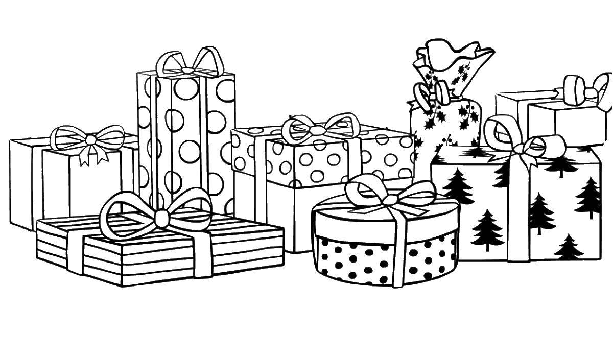 Название: Раскраска Красиво упакованные подарки. Категория: с днем рождения надпись. Теги: Подарки, праздник.