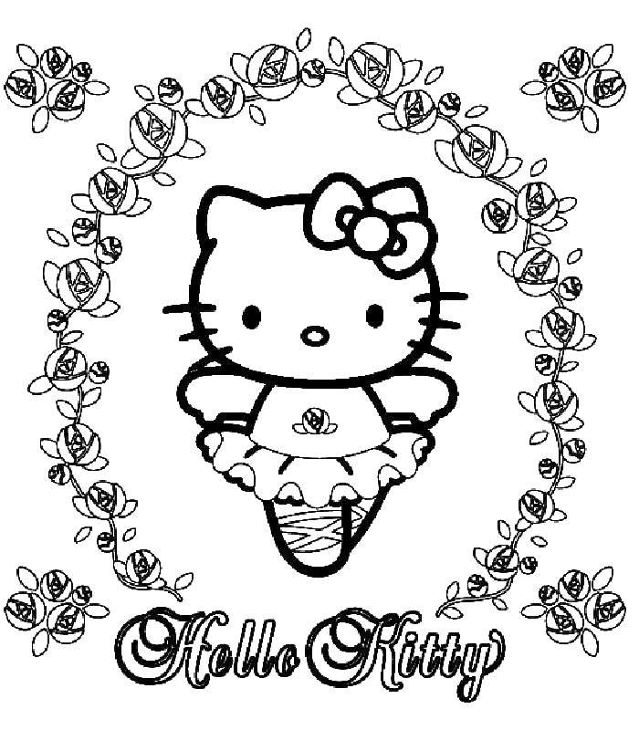 Раскраска Hello kitty в балетной пачке Скачать ,хелло кити, пачка, бантик, цветы,.  Распечатать 