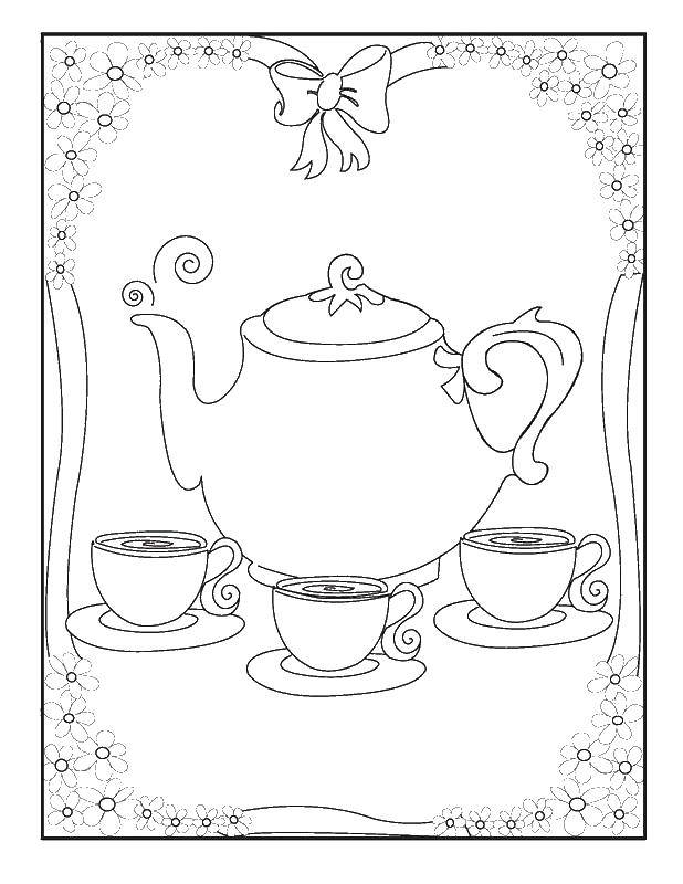 Раскраска Чайник и чашки Скачать ,чайник, чашки,.  Распечатать 