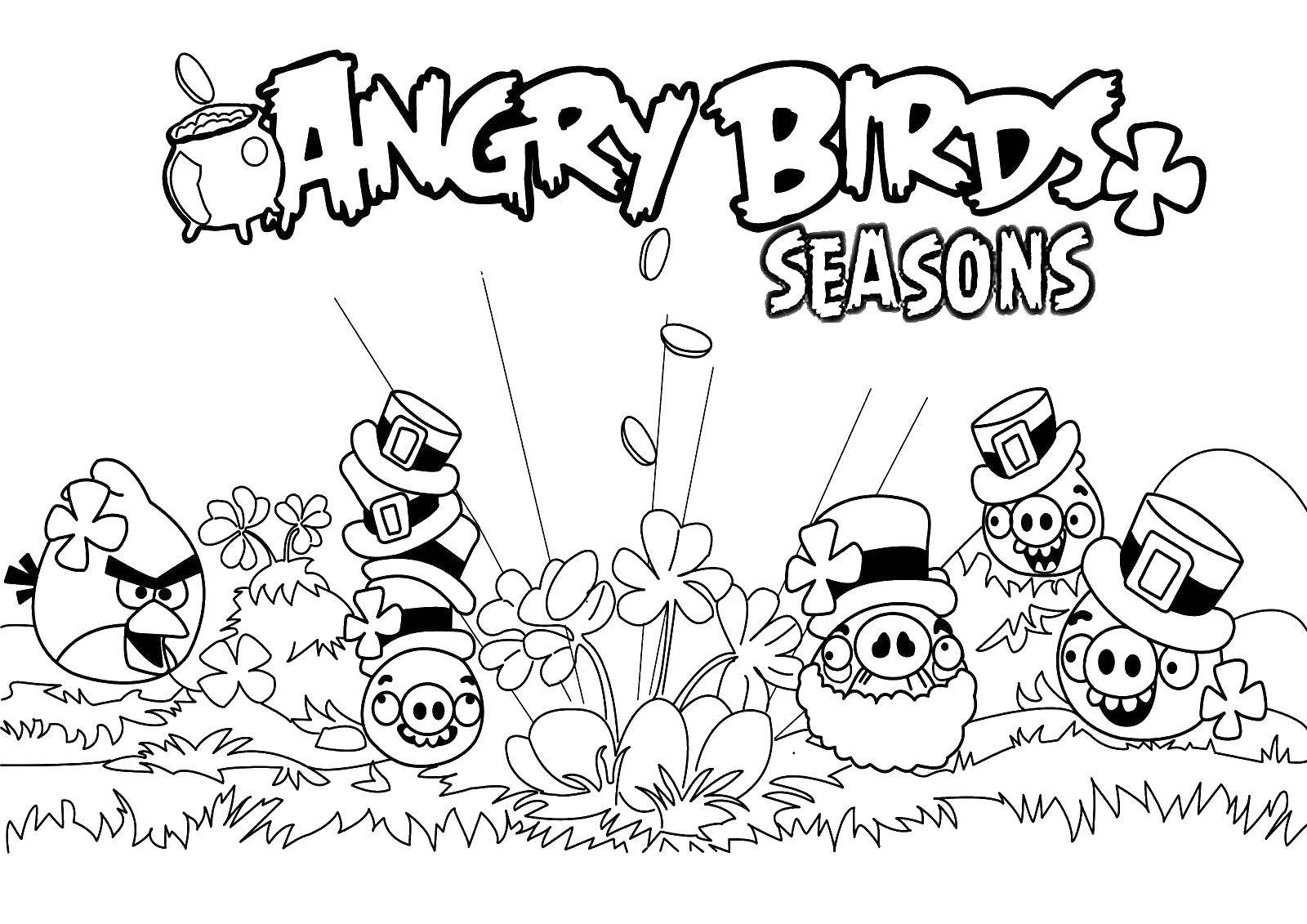 Раскраска Свинки и птички из angry birds Скачать ,angry birds, свинья, птица,.  Распечатать 