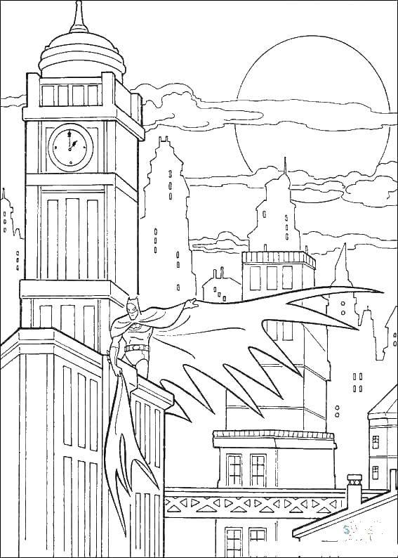 Название: Раскраска Бэтмен на крыше здания в плаще. Категория: бэтмен. Теги: Бэтмен, супергерои.