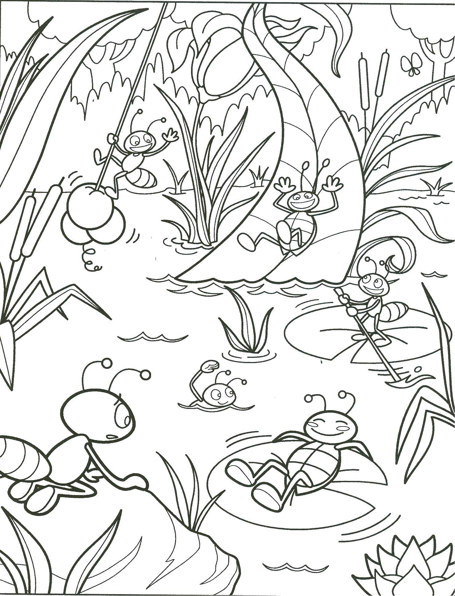 Название: Раскраска Муравьи отдыхают в пруду. Категория: Насекомые. Теги: Муравей, пруд.