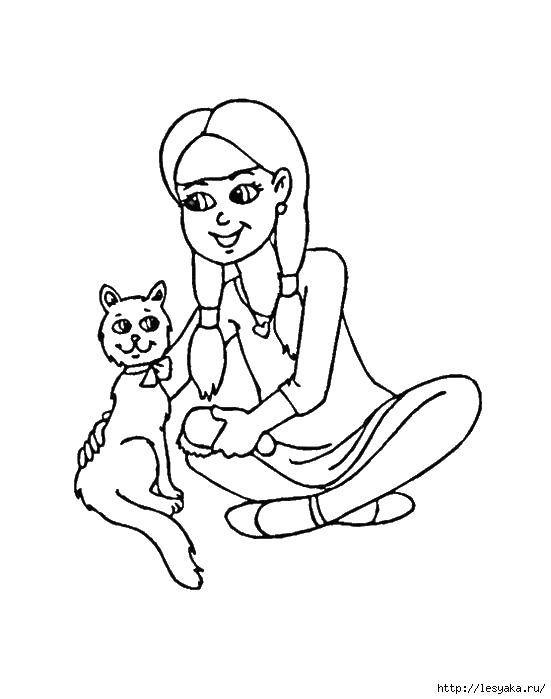 Раскраска Девочка и кошка Скачать ,кошки, кошка, девочка,.  Распечатать 