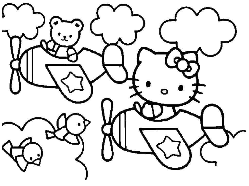 Раскраска Hello kitty и вертолет Скачать ,Hello Kitty, вертолет, птички,.  Распечатать 