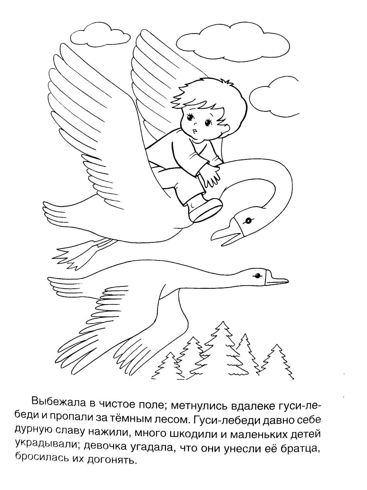 Раскраска Гуси лебеди унесли иванушку с собой Скачать ,Сказки, Гуси Лебеди,.  Распечатать 