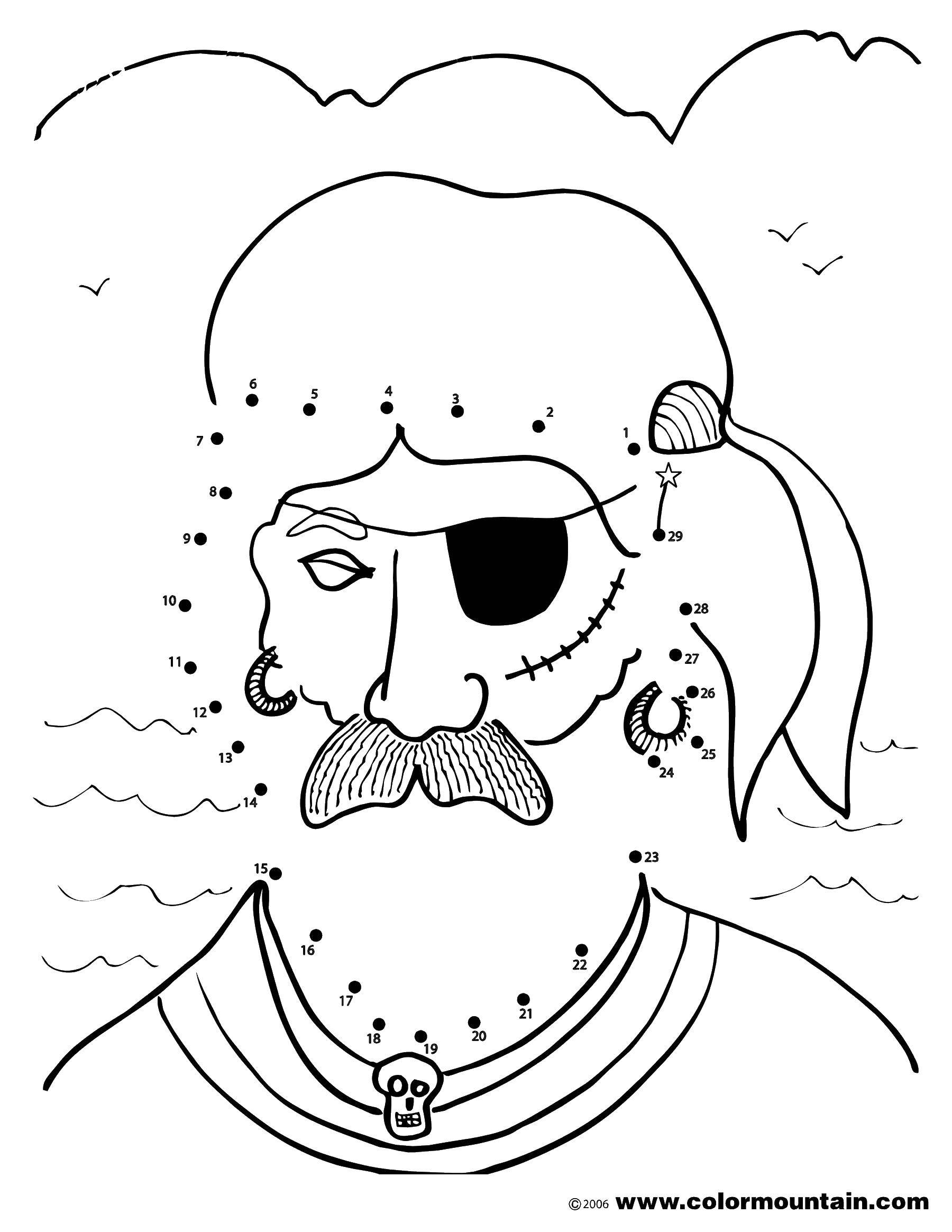 Название: Раскраска Пират с усами. Категория: Нарисуй по точкам. Теги: пират, усы, череп, серьги.