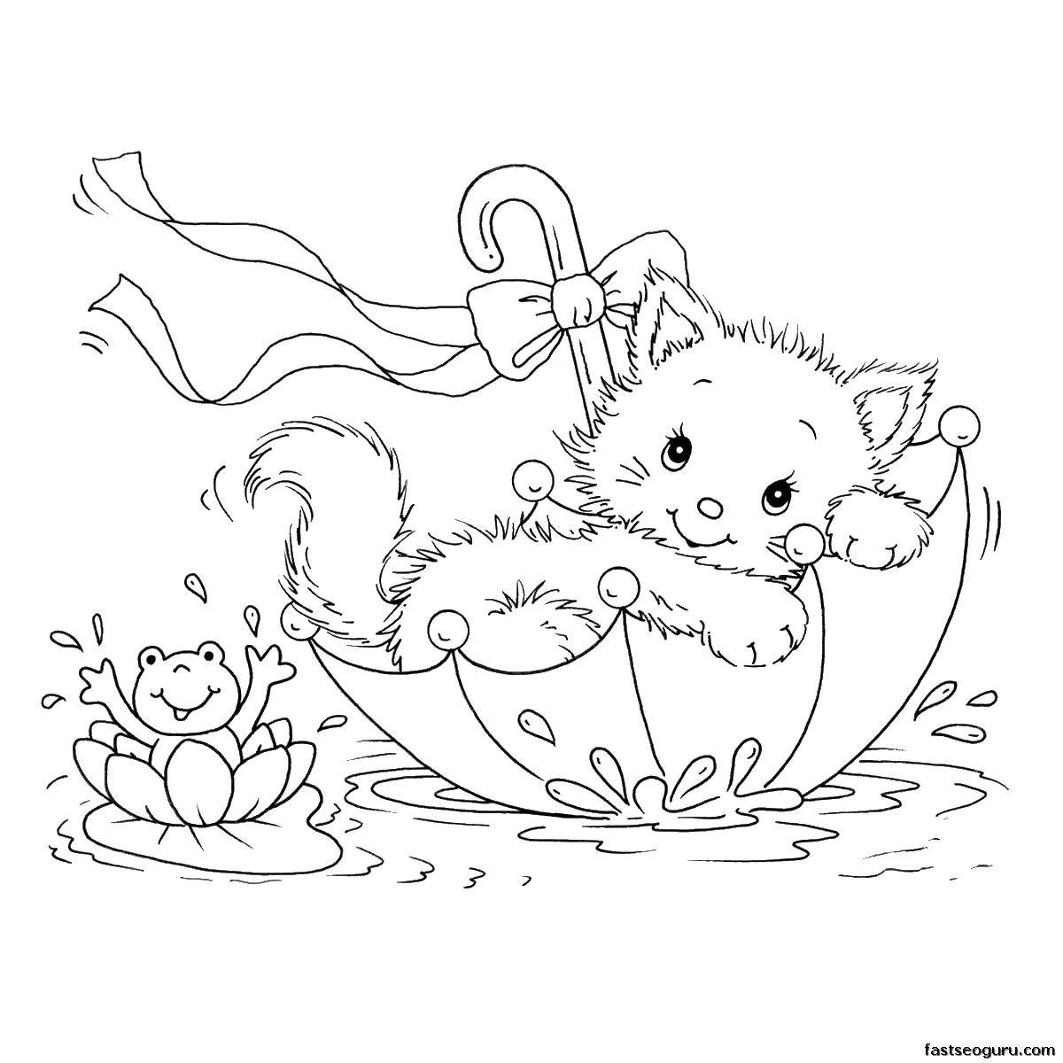 Раскраска Кошечка в зонтике Скачать ,коты, котята, кошки, зонт,.  Распечатать 