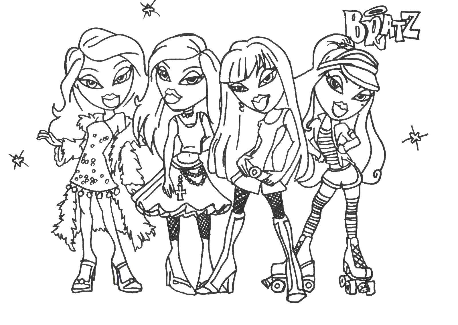 Название: Раскраска Куклы  bratz . Категория: Для девочек. Теги: Братз, мода, куклы.