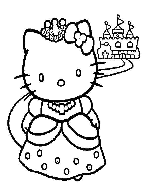 Раскраска Hello kitty и замок Скачать ,Hello Kitty, замок, корона,.  Распечатать 