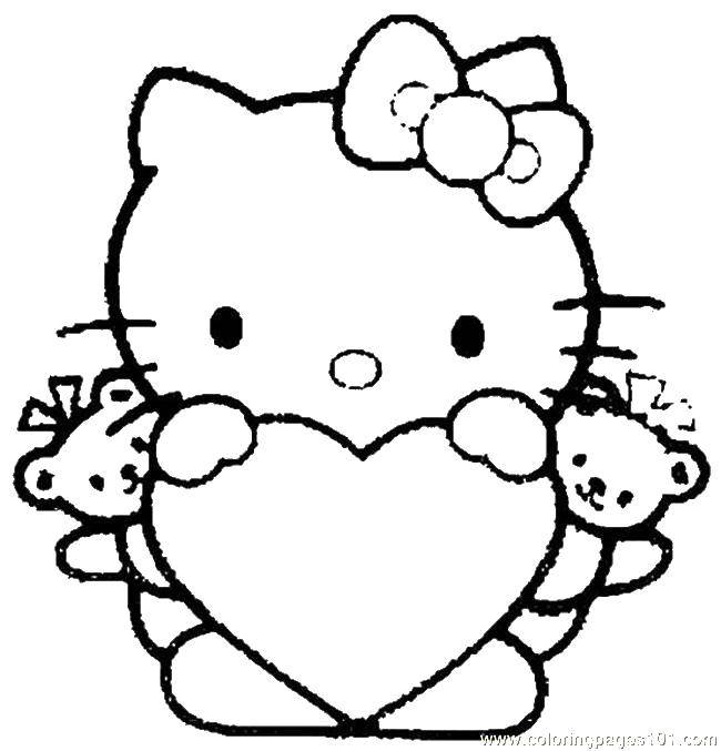Раскраска Hello kitty с сердечком и мишки Скачать ,Hello Kitty, мишки, сердечки, бантик,.  Распечатать 