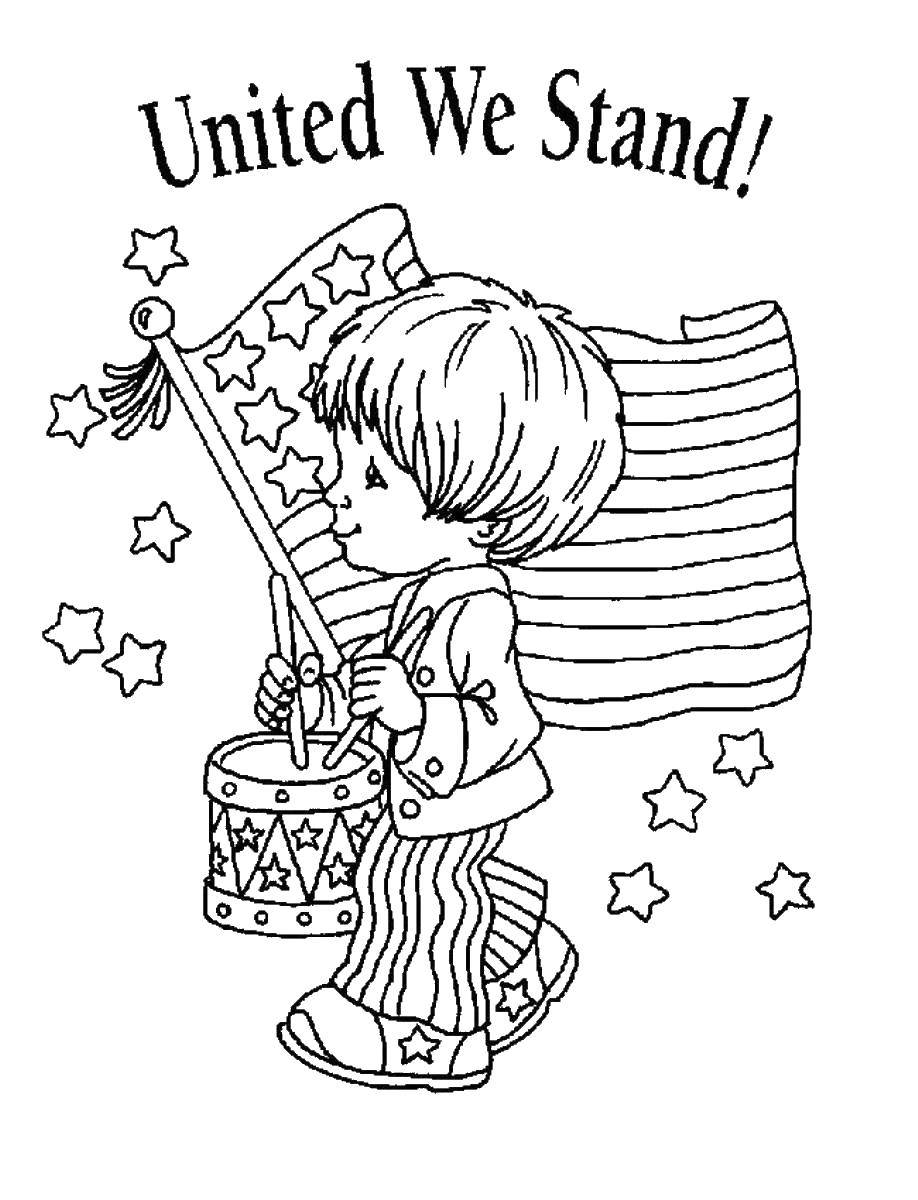 Раскраска Мальчик на фоне флага Скачать ,флаг, США, Америка,.  Распечатать 