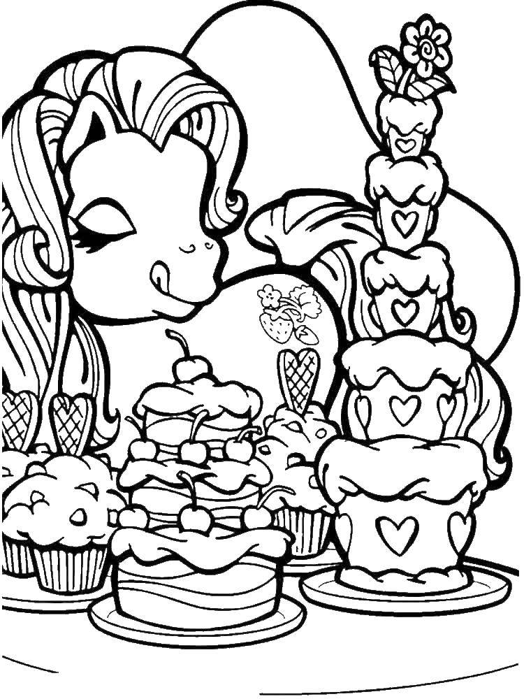 Раскраска Пони любит тортики Скачать ,Пони, "My little pony",.  Распечатать 