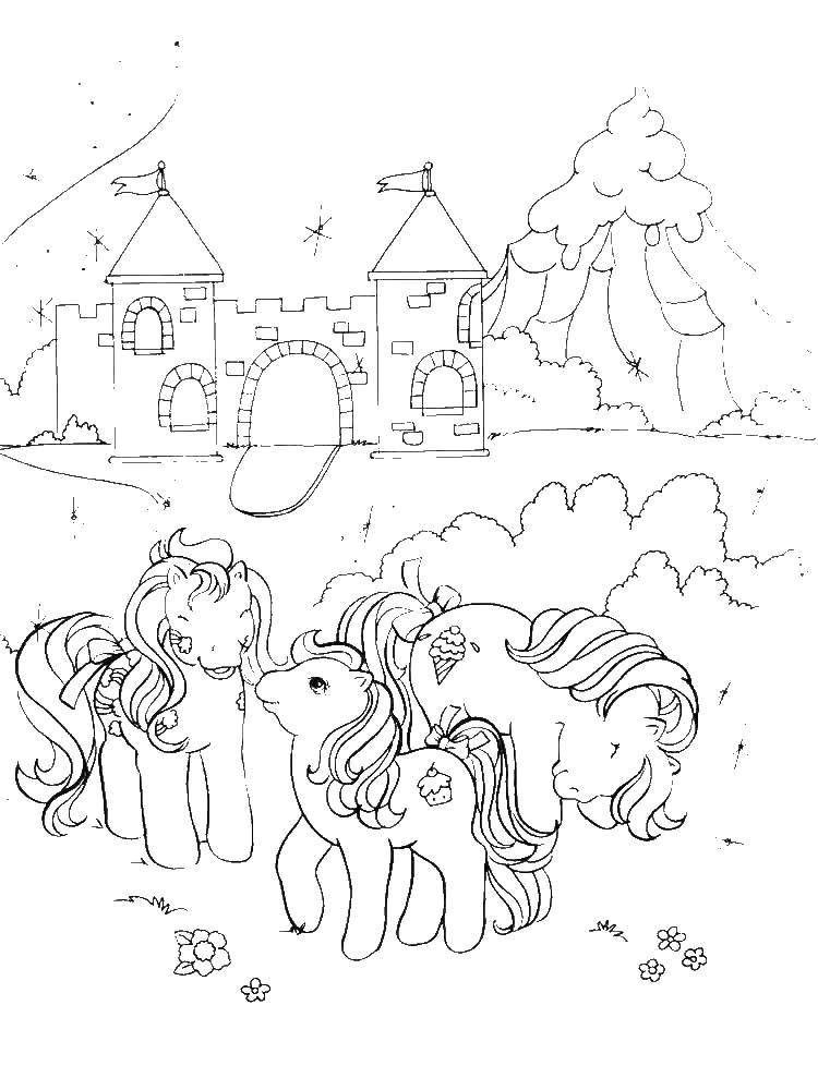 Раскраска Пони на поляне у замка Скачать ,Пони, "My little pony",.  Распечатать 