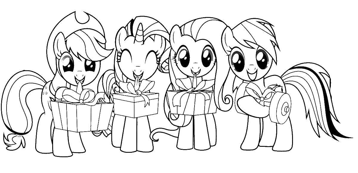 Название: Раскраска Пони с подарочками. Категория: Пони. Теги: Пони, "My little pony".