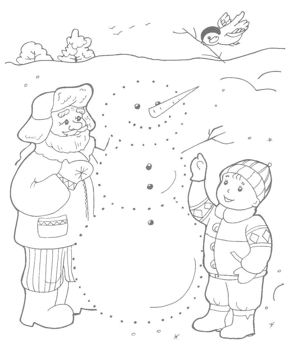 Раскраска Дед,мальчик,снеговик Скачать ,дед,мальчик,снеговик,.  Распечатать 