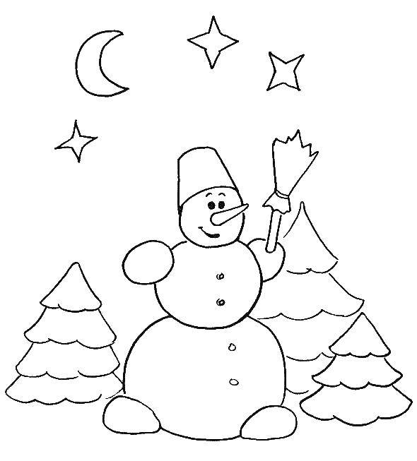 Раскраска Снеговик в новогоднюю ночь Скачать ,Новый Год, ёлка, зима, лес, снеговик,.  Распечатать 