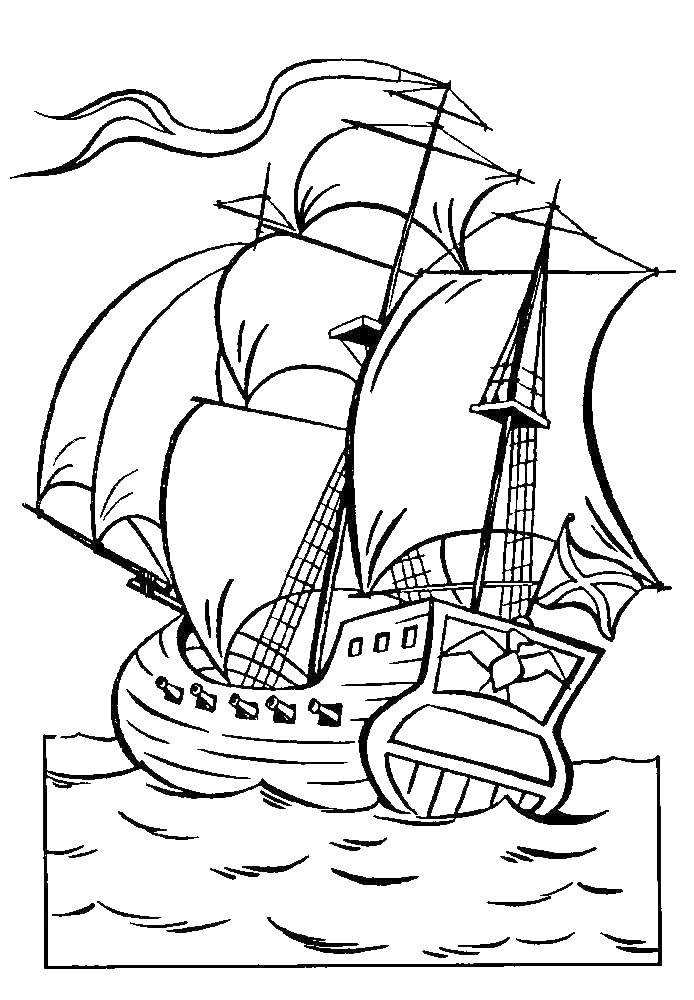 Раскраска Корабль в море Скачать ,Пират, корабль, паруса,.  Распечатать 
