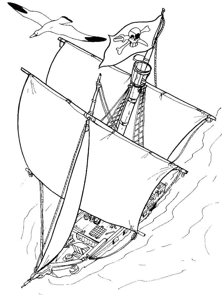 Раскраска Пиратский корабль Скачать ,Пират, остров, сокровища, корабль,.  Распечатать 