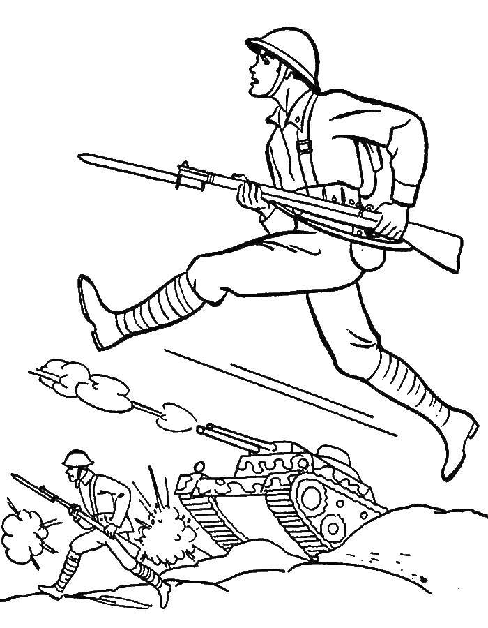 Название: Раскраска Солдаты бегут в бой. Категория: военные раскраски. Теги: Война, солдат, танк.
