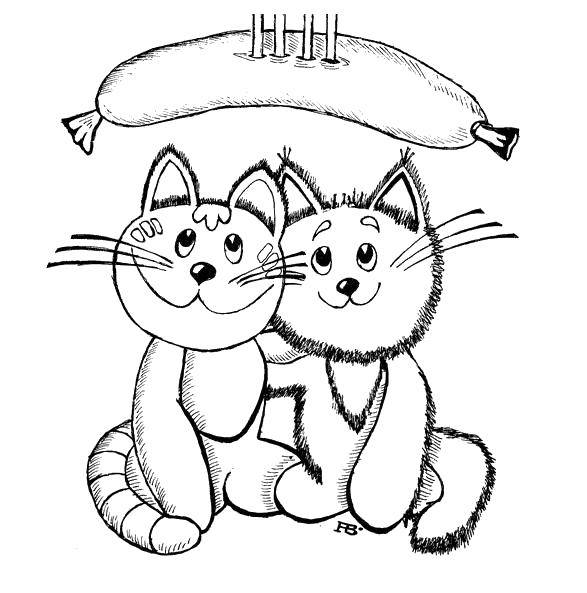 Раскраска Котятки хотят сосиску Скачать ,Животные, котёнок,.  Распечатать 