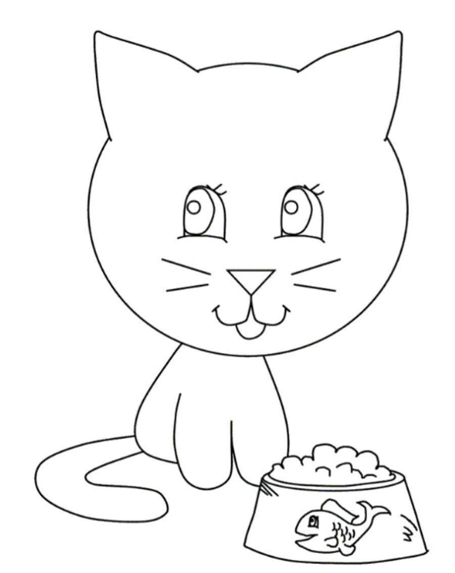Раскраска Кошечка с кормом Скачать ,кошка, кот,.  Распечатать 