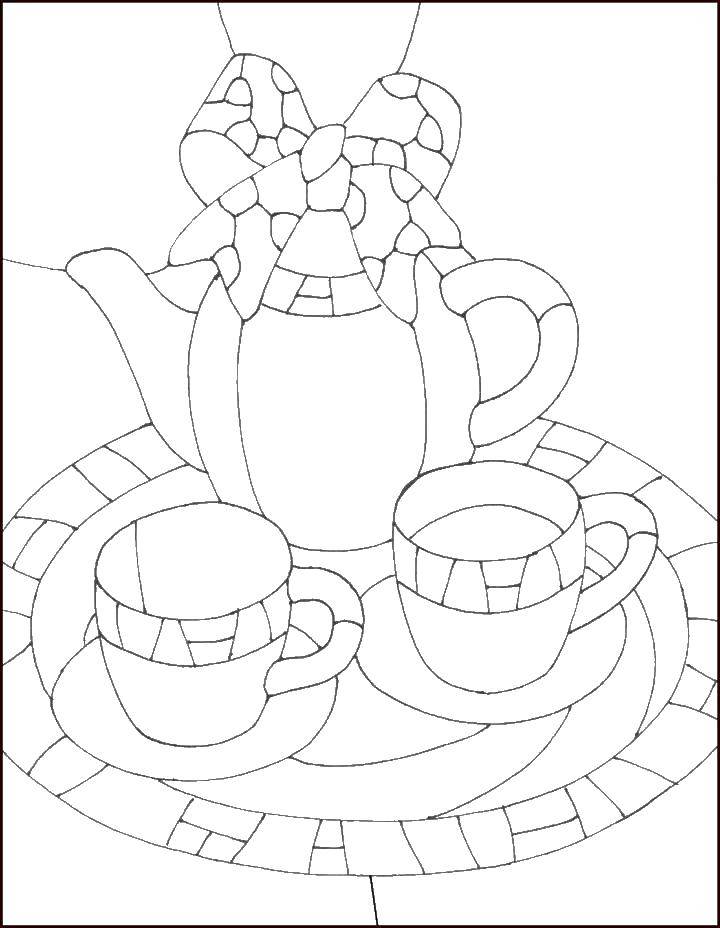 Раскраска Чайный сервис Скачать ,чайник, чашки,.  Распечатать 