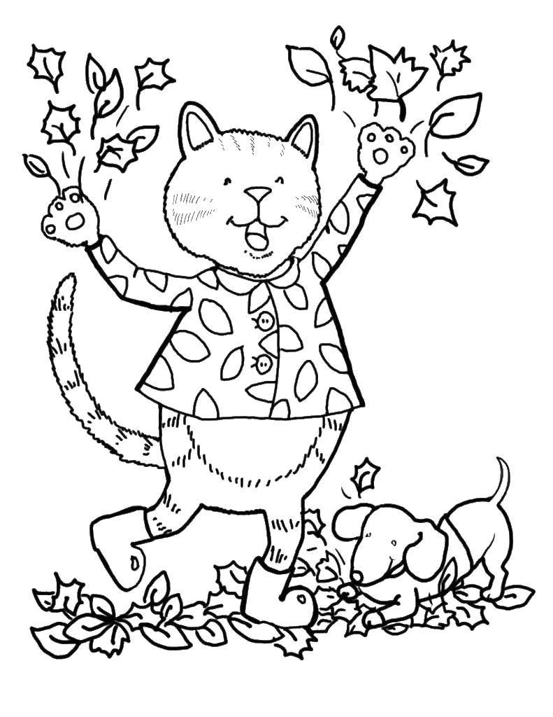 Раскраска Кот и собака играют с листьями Скачать ,кот, собака, листья,.  Распечатать 