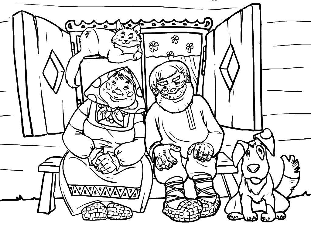 Раскраска Бабка с дедом Скачать ,Сказки, Колобок,.  Распечатать 