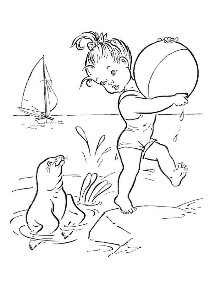 Раскраска Тюленьчик увидел девочку Скачать ,Пляж, дети, игры, мяч,.  Распечатать 