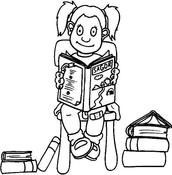 Раскраска Девочка читает книги Скачать ,девочка, книги,.  Распечатать 