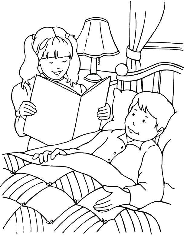 Раскраска Девочка читает книгу мальчику Скачать ,девочка, мальчик,.  Распечатать 
