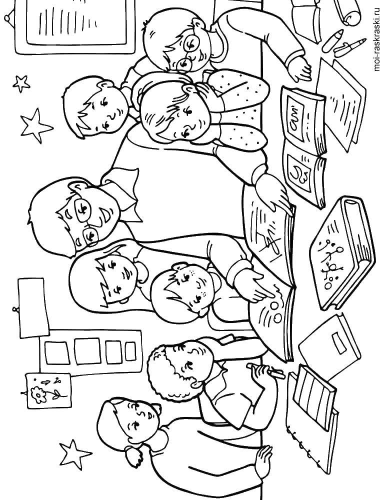 Название: Раскраска Ученики делают уроки. Категория: школа. Теги: ученики, урок.