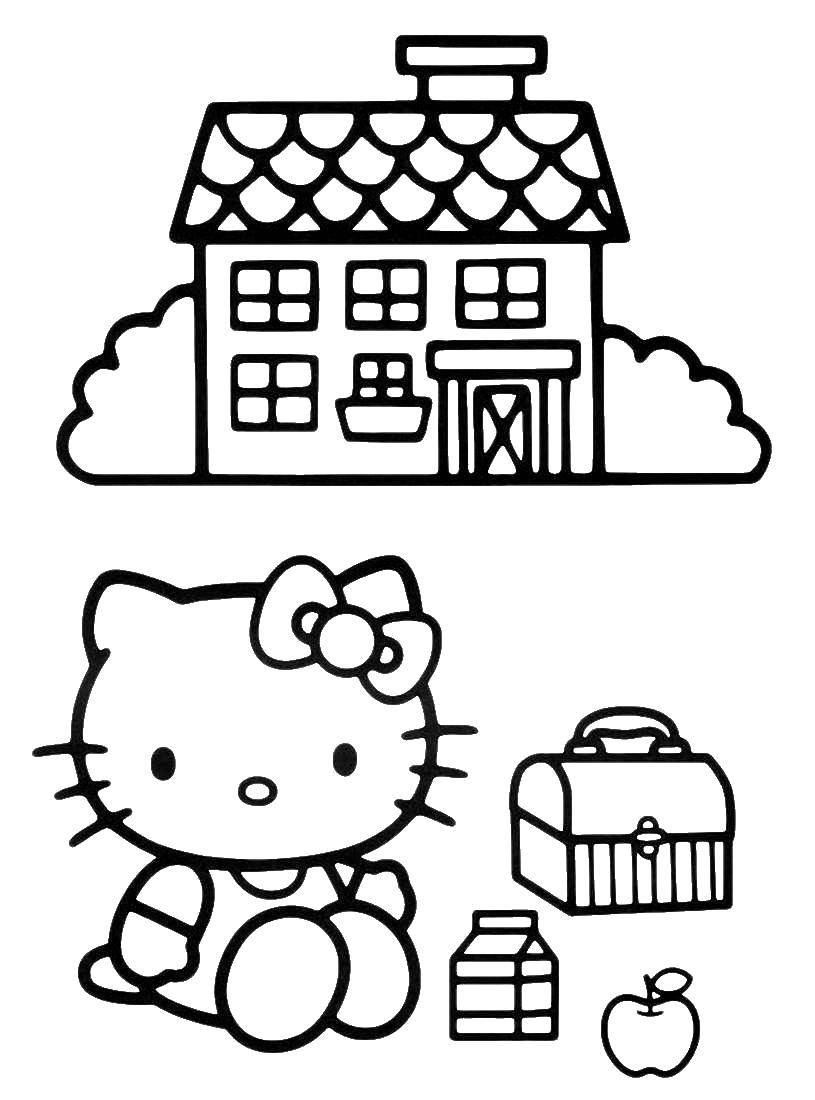 Название: Раскраска Китти завтракает перед домом. Категория: китти. Теги: Китти.