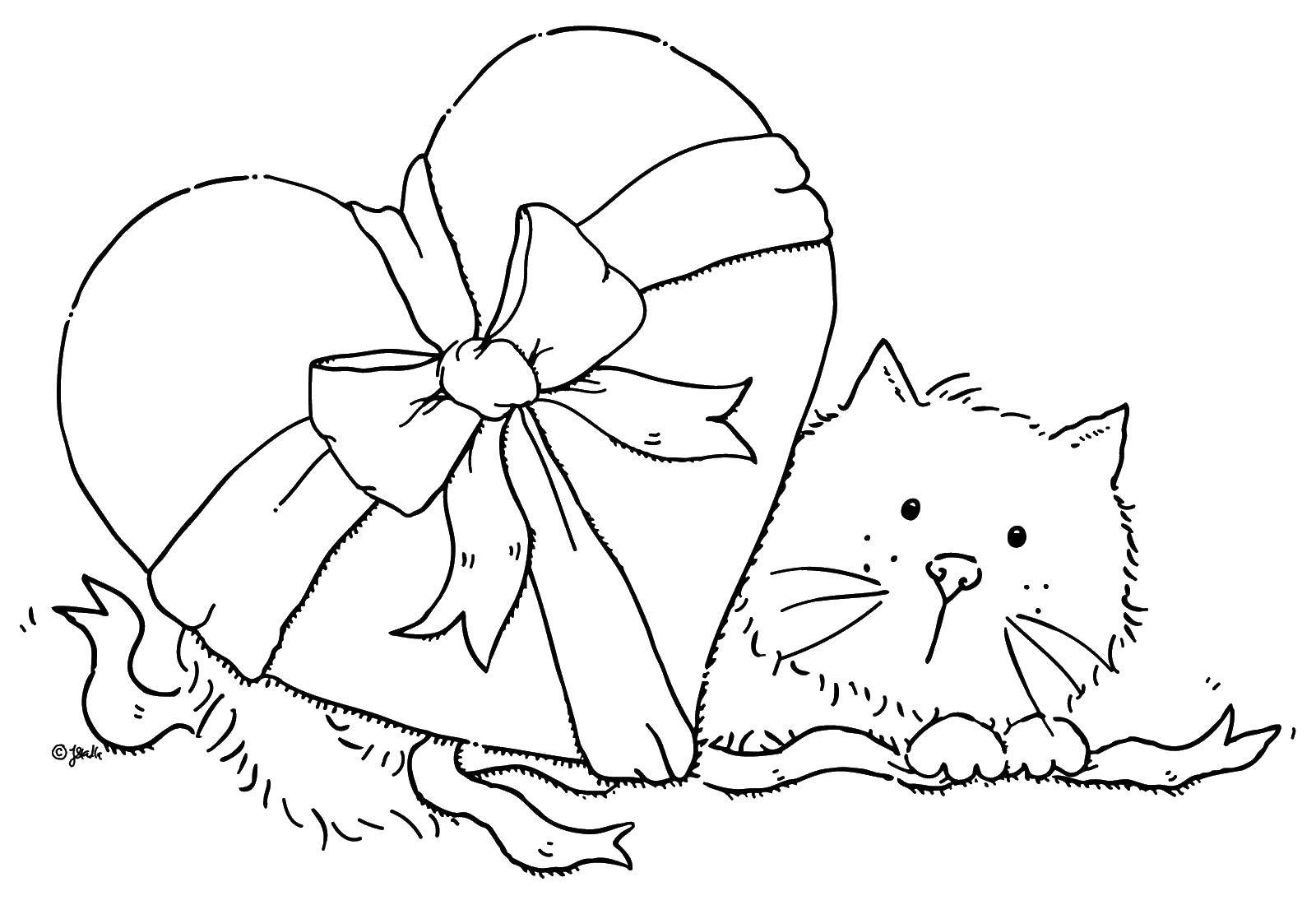 Раскраска Котенок и сердце Скачать ,животные, котенок, сердце,.  Распечатать 