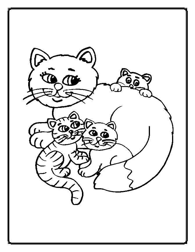 Раскраска Кошка и котята Скачать ,животные, котята, кошка, любовь,.  Распечатать 