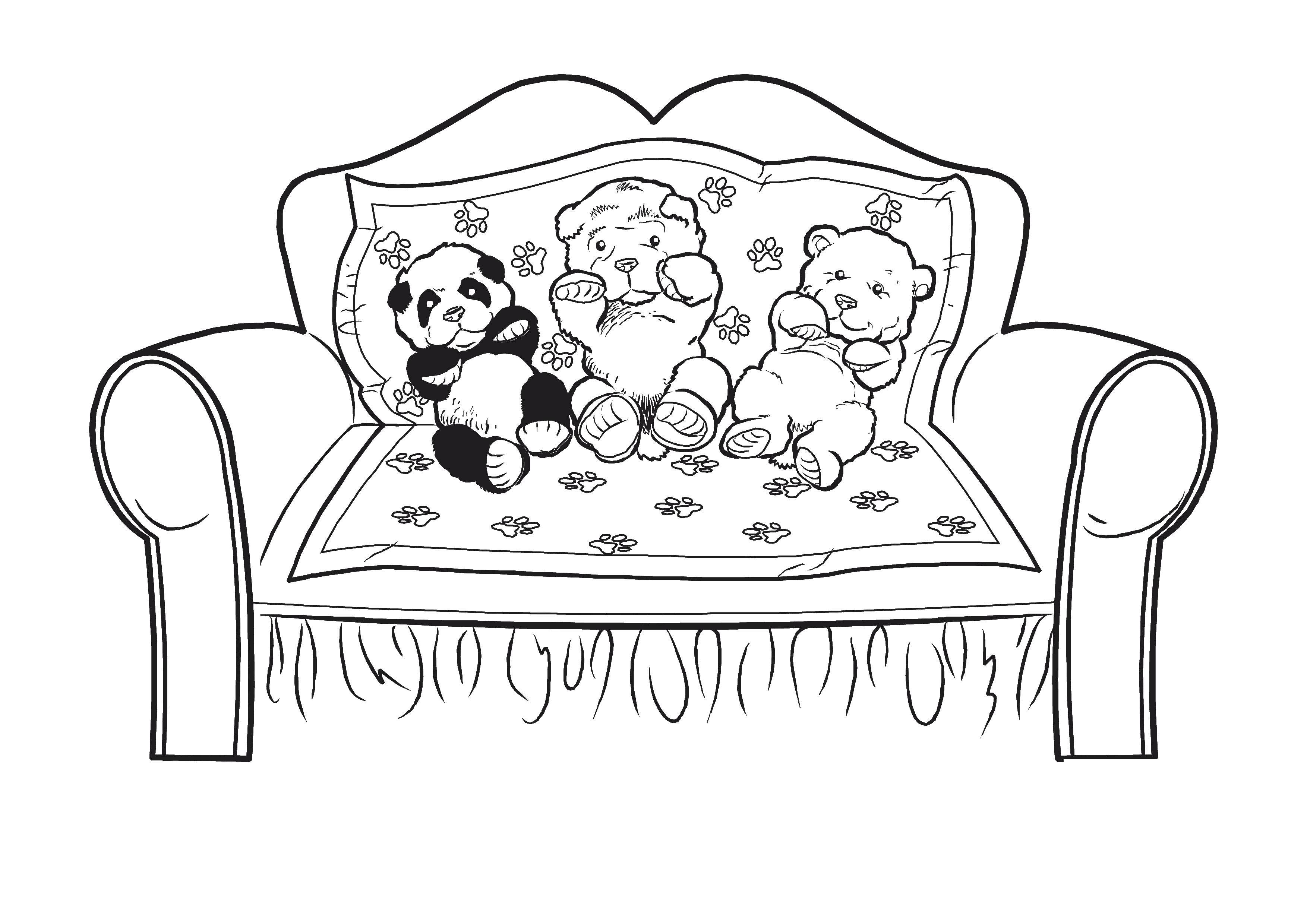 Название: Раскраска Зверушки на диване. Категория: игрушки. Теги: игрушки, собаки, мишки, панда.