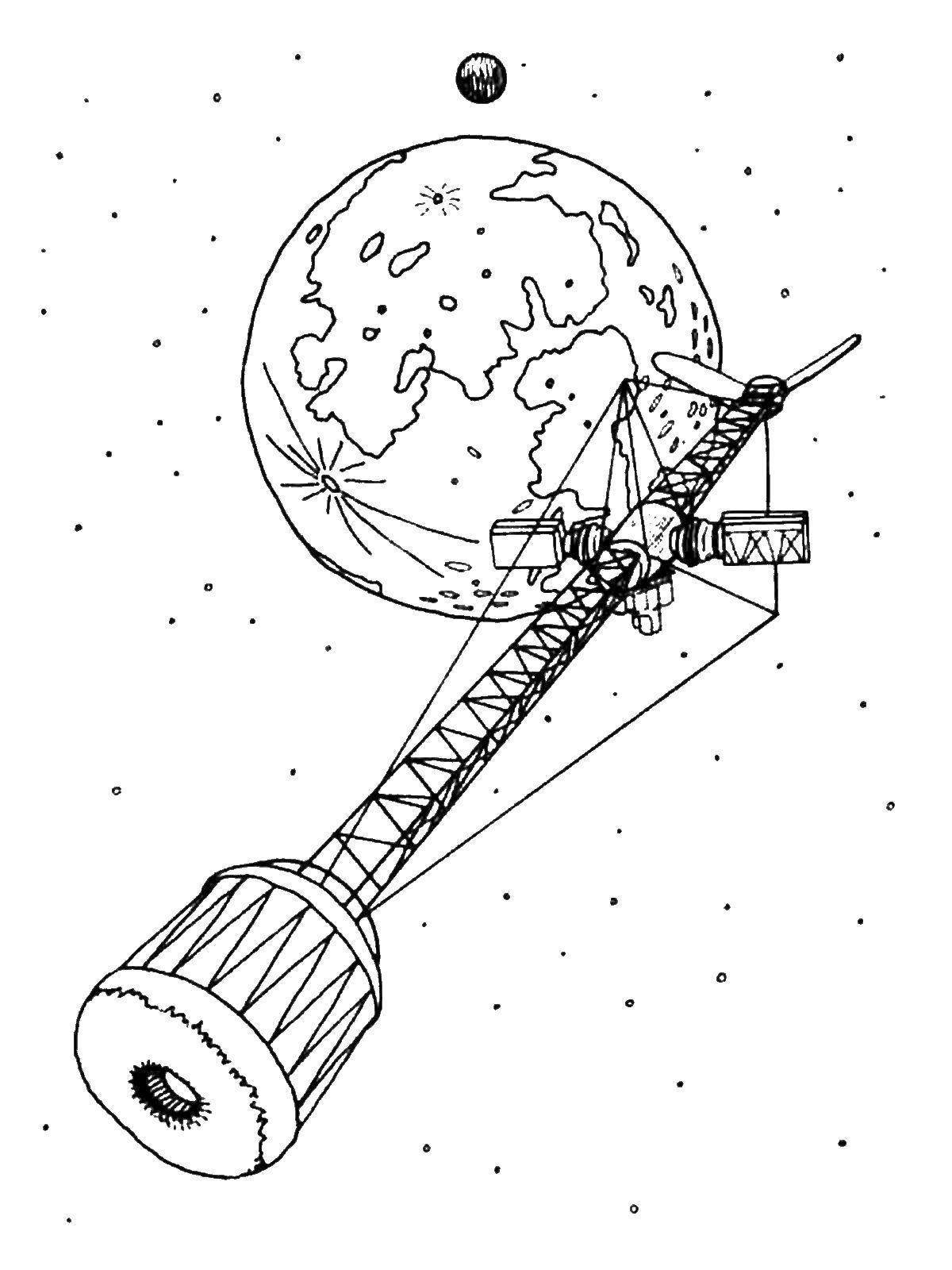 Раскраска Спутник в космосе Скачать ,Спутник, космос,.  Распечатать 