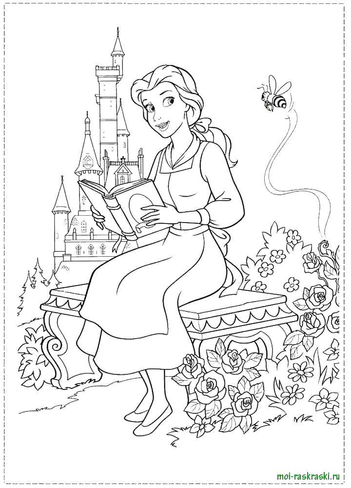 Раскраска Красавица белл читает книгу в саду Скачать ,Белл, красавица,.  Распечатать 