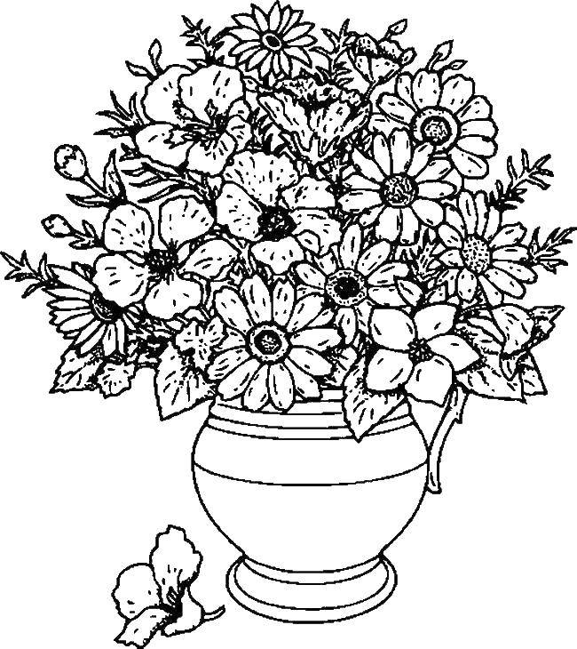Раскраска Красивые цветы в вазе Скачать ,Цветы, букет, ваза,.  Распечатать 