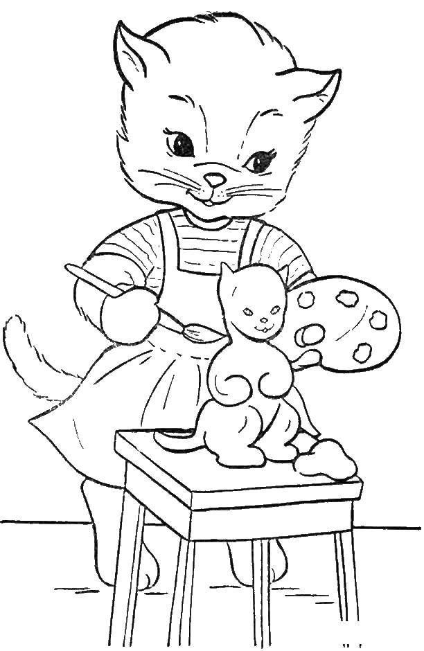 Раскраска Кошечка красит фигурку кота Скачать ,кошка, кот,.  Распечатать 