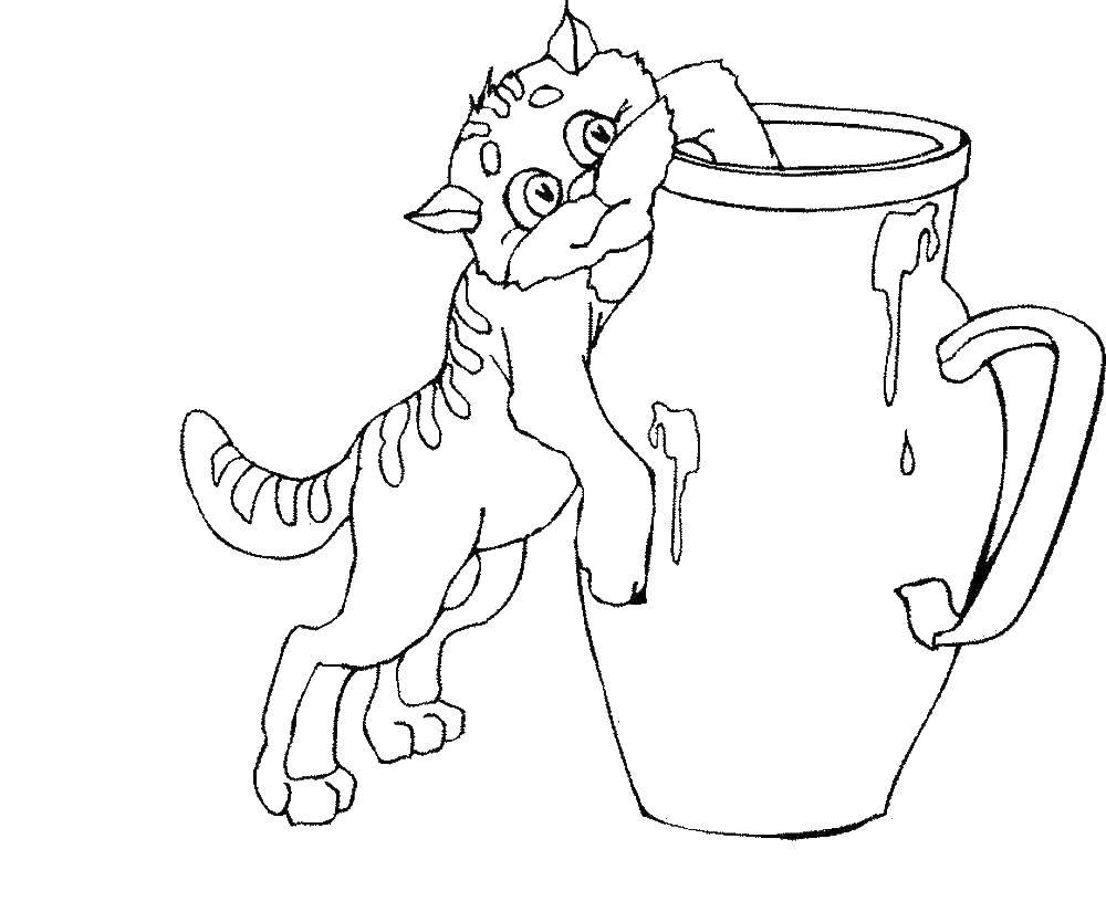 Раскраска Кот кушает сметану Скачать ,кошка, котята,.  Распечатать 
