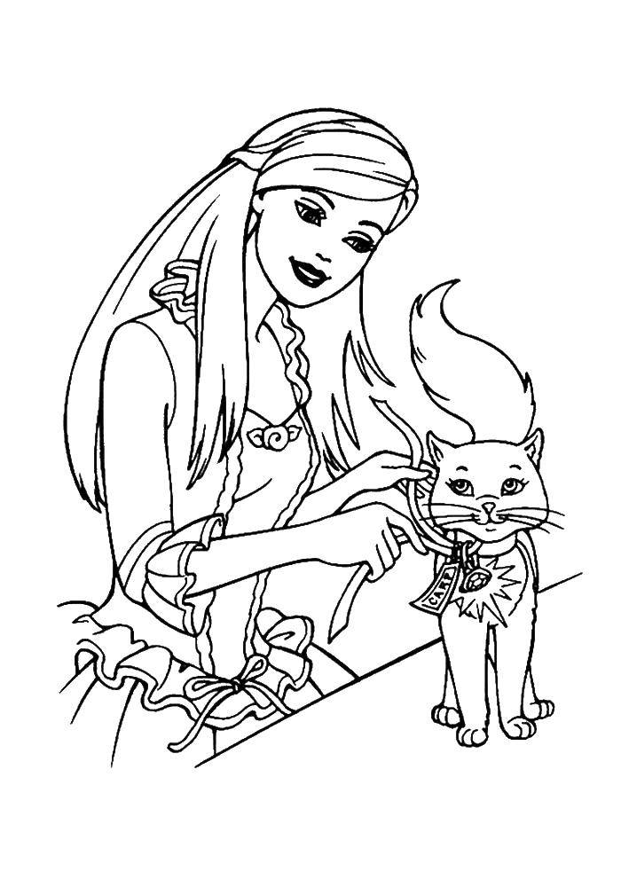 Раскраска Девушка с кошечкой Скачать ,животные, кошка, котенок, девушка,.  Распечатать 