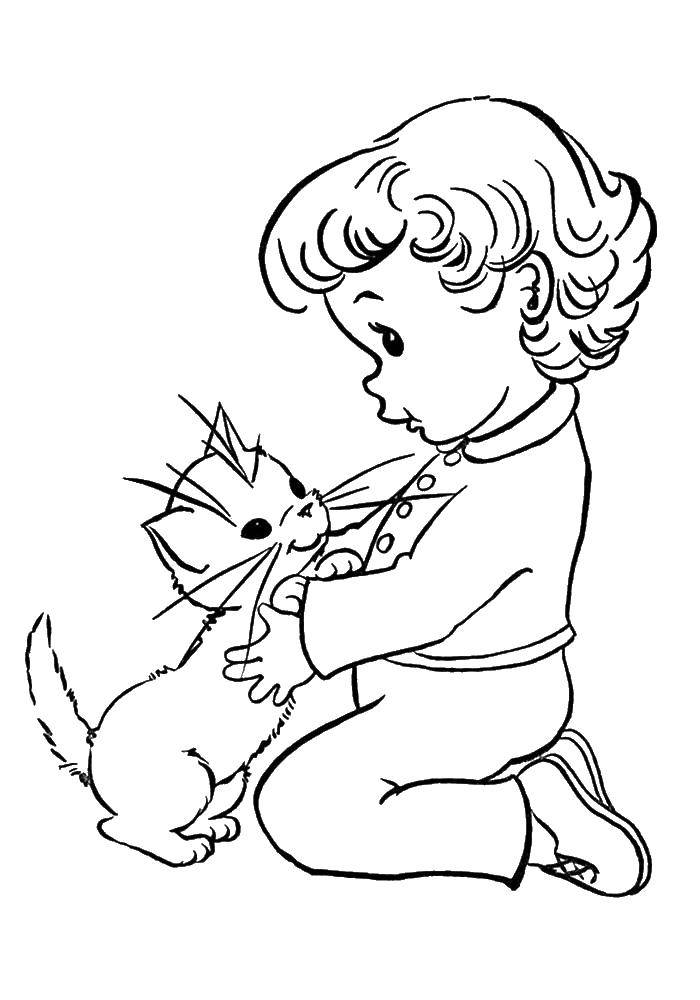 Раскраска Мальчик играет с котом Скачать ,кот, мальчик,.  Распечатать 