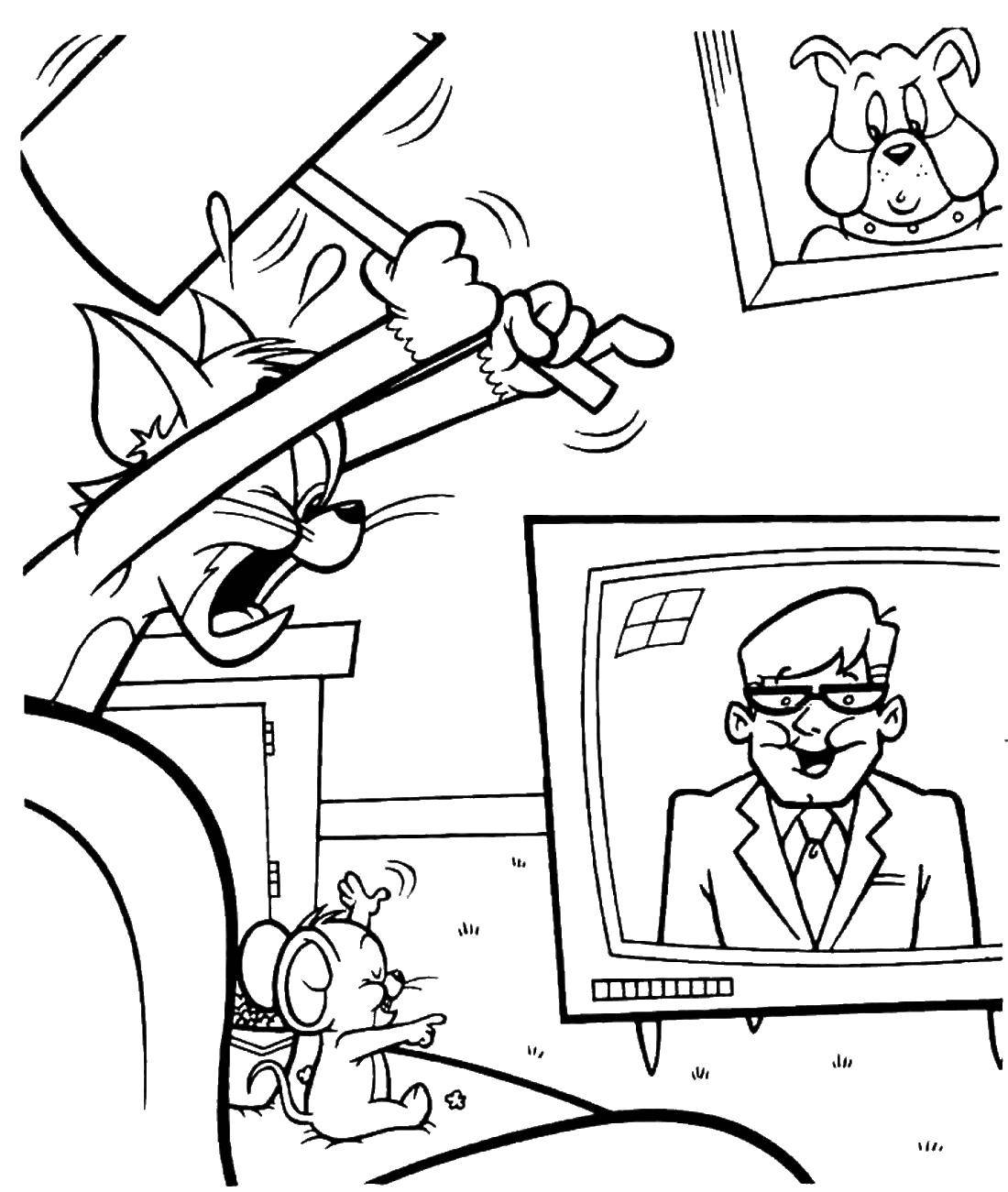 Название: Раскраска Том и джерри смотрят телевизор. Категория: телевизор. Теги: Персонаж из мультфильма, Том и Джерри.