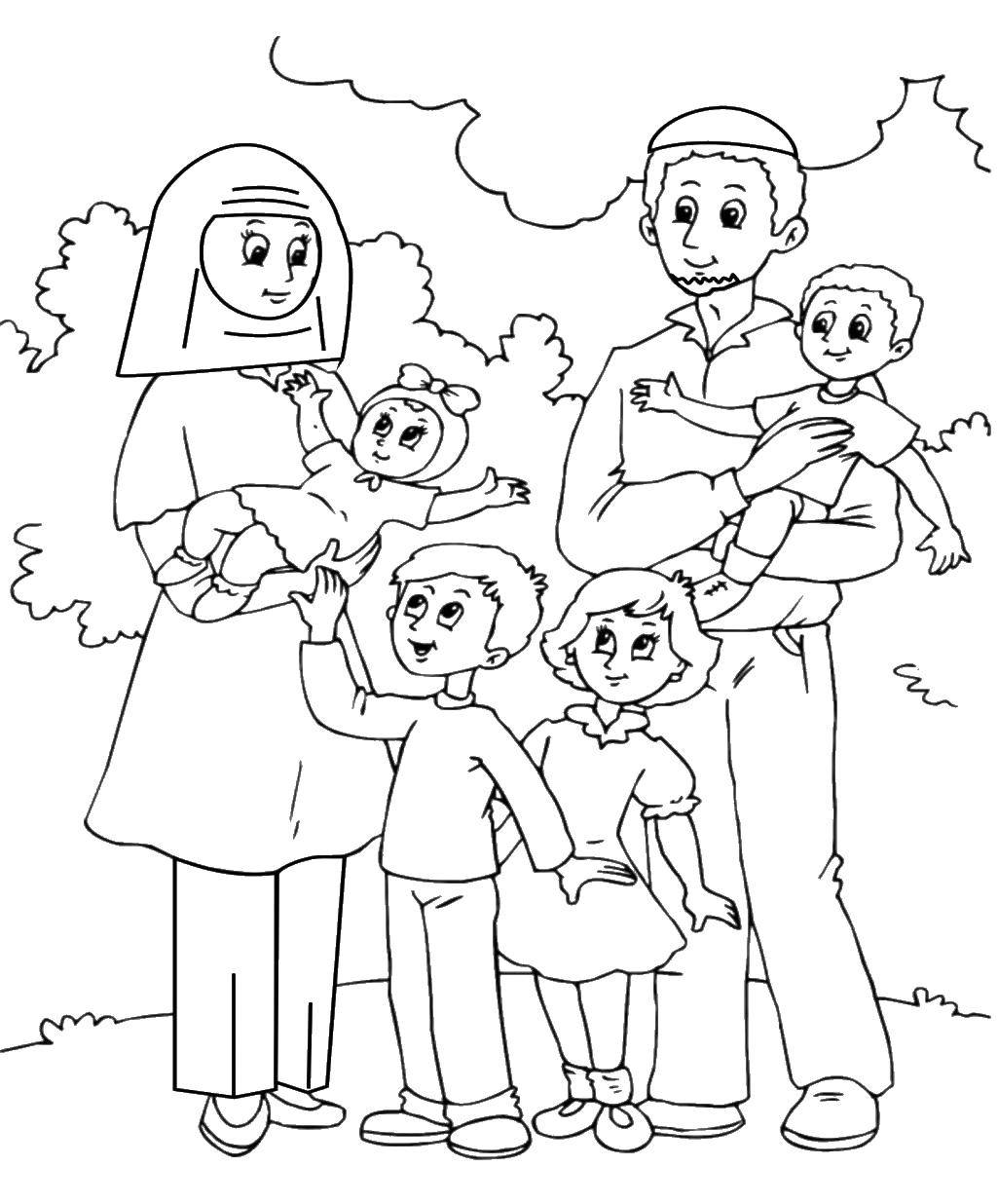 Раскраска Дружная семья Скачать ,Семья, родители, дети,.  Распечатать 